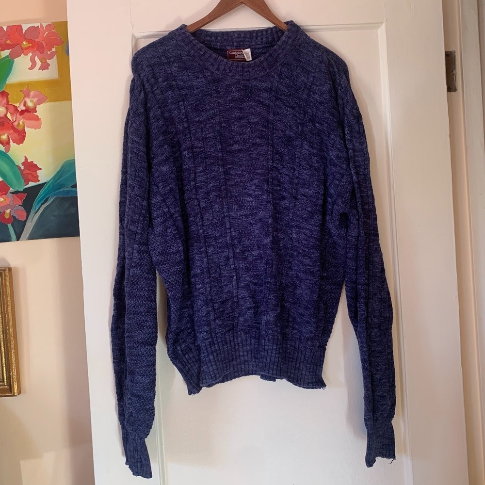 Cambridge Classics Vintage Mens Blue Textured Knit Cotton Sweater XL Made in USA